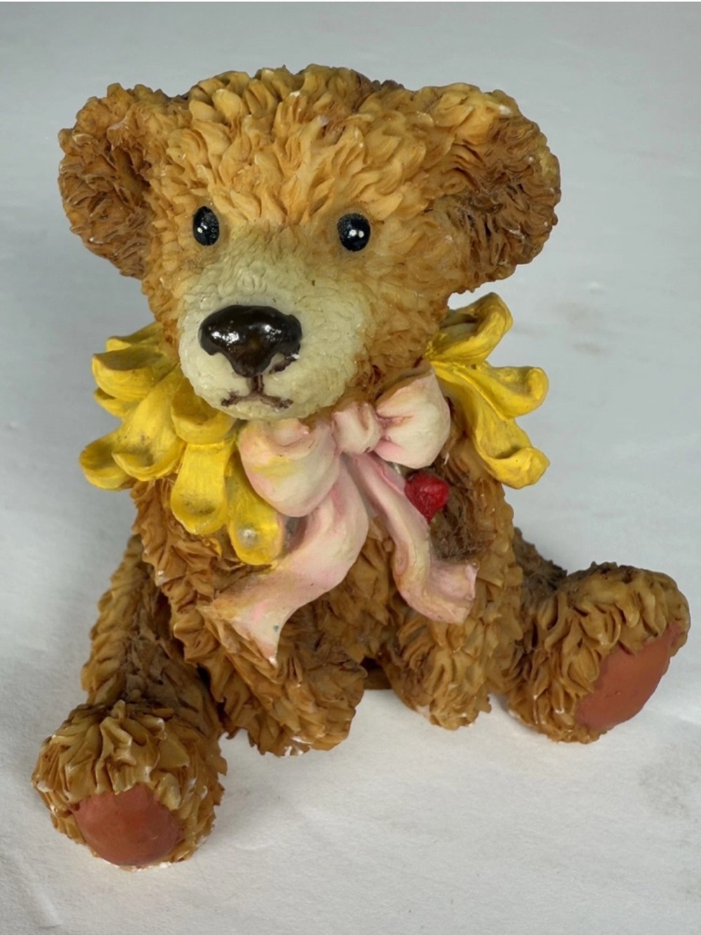 Vintage 1998 Artmark Resin Teddy Bear Figurine Sunflower Collar Pink Bow Cute